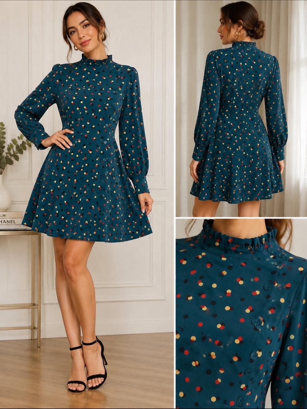 Who What Wear Teal Polka Dot Mock Neck Dress Size M